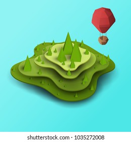 3d Vector Paper Cut Green Island, Hill Or Mountain With Balloon. Cartoon Art Illustration In Minimalistic Craft Carving Style. Modern Layout Colorful Concept In Isometric View For Games Or Mars.