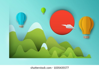 3d vector paper cut green mountain landscape, airplanes and balloons . Cartoon art illustration in minimalistic craft carving style. Modern layout colorful concept for background cover, poster, card.