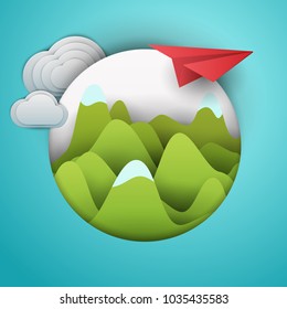 3d vector paper cut green mountains, airplane and clouds . Cartoon art illustration in minimalistic craft carving style. Modern layout colorful concept for background cover, poster, card.