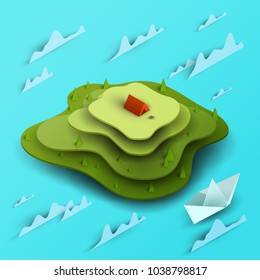 3d vector paper cut green island on water with waves and boat. Cartoon art illustration in minimalistic craft carving style. Modern layout colorful concept in isometric view for games or mars.