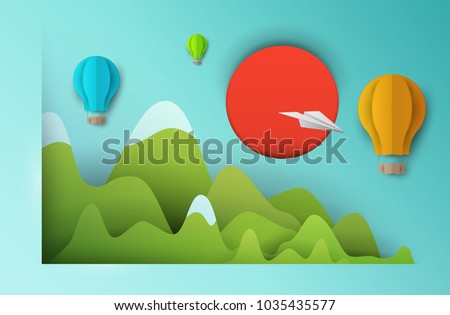 3d vector paper cut green mountain landscape, airplanes and balloons . Cartoon art illustration in minimalistic craft carving style. Modern layout colorful concept for background cover, poster, card.