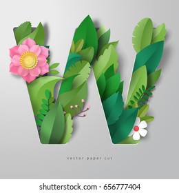 3d vector paper cut letter W. Decoration of leaves and flower.