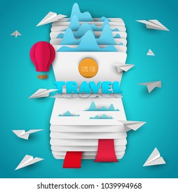 3d vector paper cut open book with clouds, airplane and balloon . Cartoon art illustration in minimalistic craft carving style. Modern layout colorful concept for background cover, poster, card.