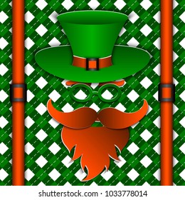 3d vector paper cut out style design on Saint Patrick's Day character leprechhaun with green hat, red beard and green glases. Traditional Irish background.