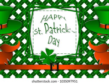 3d vector paper cut out style design on Saint Patrick's Day character leprechhaun with green hat, red beard and green glases. Traditional Irish background.