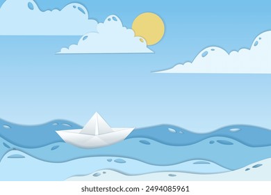 3d vector paper cut water waves with boat, sun clouds. Papercut art illustration in minimalistic craft carving style. Modern layout colorful concept for background cover, poster, card.