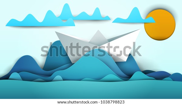3d\
vector paper cut water waves with boat, sun clouds. Cartoon art\
illustration in minimalistic craft carving style. Modern layout\
colorful concept for background cover, poster,\
card.