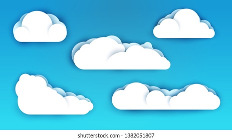 3d vector paper cut white clouds on blue sky. Cartoon art illustration in minimalistic craft carving style. Modern layout colorful concept for background cover, poster, card.