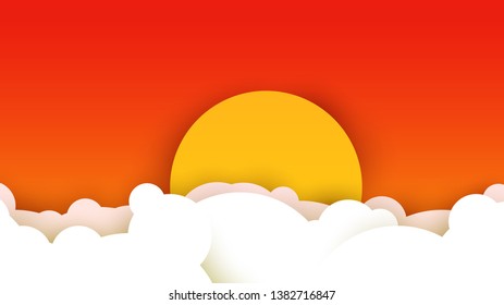 3d vector paper cut white clouds and sun on evening sky. Cartoon art illustration in minimalistic craft carving style. Modern layout colorful concept for background cover, poster, card.