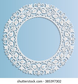 3D Vector paper frame, vignette with ornaments, floral ornament,   festive pattern, white pattern, template greetings,  lace pattern, round element, 