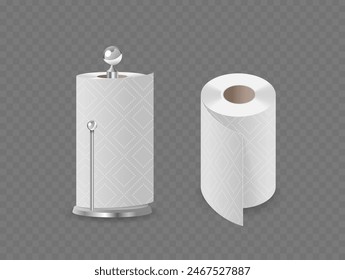 Rollo De Toalla De Papel De Vector 3D Y Dispensador Aislados Sobre Fondo Transparente. Toalla De Papel Blanco Limpia Para El Uso De La Cocina