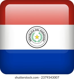 3d vector Paraguay flag glossy button. Paraguayan national emblem. Square icon with flag of Paraguay