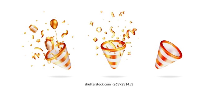 3D vector party popper shooting out golden gift boxes, balloon, stars, shapes and confetti. Celebration objects set for festive design.