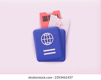 3d vector passport with tickets. Air travel concept. Business trip banner with passport, tickets. 3D web Vector Illustrations.