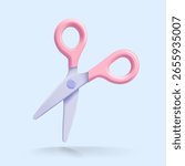 3D vector pastel scissors with pink handles and light blades on soft blue background, symbolizing cutting, tools or crafting.
