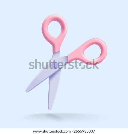 3D vector pastel scissors with pink handles and light blades on soft blue background, symbolizing cutting, tools or crafting.
