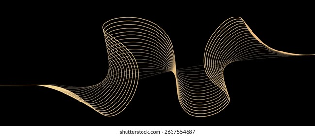 3D vector pattern of gold waves in a smooth curve, flowing dynamic golden gradient wavy lines isolated on black background concept of luxury, digital, AI, technology, communication, science, music

