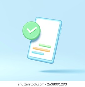 3D vector pay with mobile phoneม check mark button on light blue background in minimalist design. Business icon symbol with copy space. Marketing concept. Vector isolated illustration, Cartoon style.