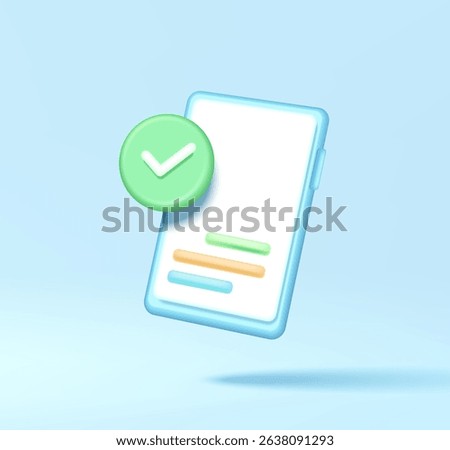 3D vector pay with mobile phoneม check mark button on light blue background in minimalist design. Business icon symbol with copy space. Marketing concept. Vector isolated illustration, Cartoon style.