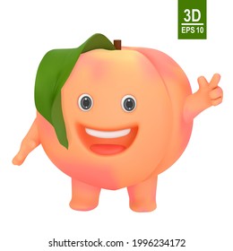 3d vector peach character. Funny and cute cartoon fruit. Isolated illustration of happy cheerful mascot.