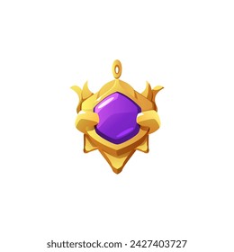 3D vector pendant on a witchcraft theme with a purple stone in a gold frame. Ideal magical fantasy decoration element for game design, on an isolated background.