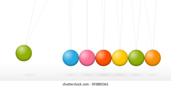 3D Vector Pendulum  - Newton's Cradle - Seven Colorful Pendulum in Raw with Shadow - Isolated on White Background. Green, Blue, Red, Pink, Orange and Yellow Colors. Panorama, Horizontal Banner.