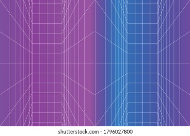 3D Vector perspective distorted grid design. Abstract wireframe landscape. Detailed lines on blue, and purple background.