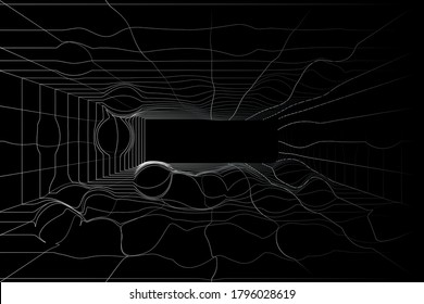 3D Vector perspective distorted grid design. Abstract wireframe landscape. Detailed lines on black background.