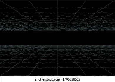 3D Vector perspective distorted grid design. Abstract wireframe landscape. Detailed lines on black background.