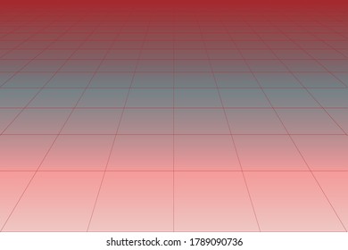 3D Vector perspective grid. Abstract wireframe landscape. Detailed lines on gradient background. Ilustration with brick red, blue, rose colors