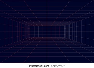 3D Vector perspective grid. Abstract wireframe landscape. Detailed lines on dark blue background.