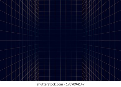 3D Vector perspective grid. Abstract wireframe landscape. Detailed lines on dark blue background.