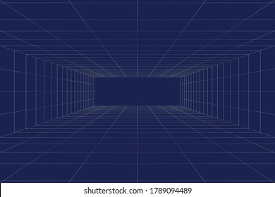 3D Vector Perspective Grid. Abstract Wireframe Landscape. Detailed Lines On Blue Background.