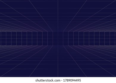 3D Vector perspective grid. Abstract wireframe landscape. Detailed lines on deep purple background.