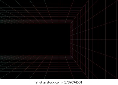 3D Vector perspective grid. Abstract wireframe landscape. Detailed lines on dark background.