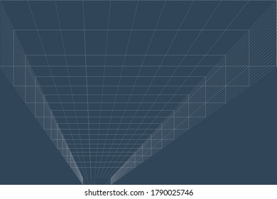 3D Vector perspective grid. Abstract wireframe landscape. Detailed lines on blue background.