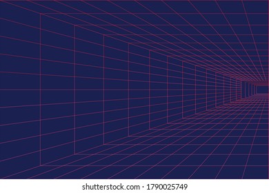 3D Vector perspective grid. Abstract wireframe landscape. Detailed lines on blue background.