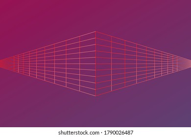 3D Vector perspective grid. Abstract wireframe landscape. Detailed lines on pink background.