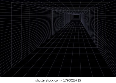 3D Vector perspective grid. Abstract wireframe landscape. Detailed lines on black background.