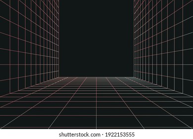 3D Vector perspective grid. Abstract wireframe landscape. Detailed lines on black background.