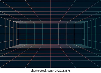 3D Vector perspective grid. Abstract wireframe landscape. Detailed lines on black background.