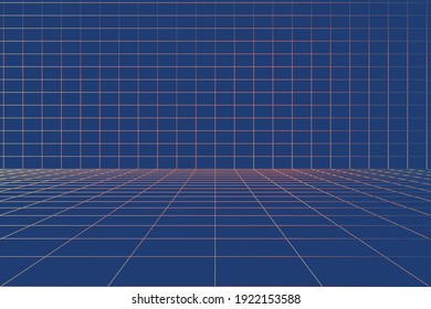3D Vector perspective grid. Abstract wireframe landscape. Detailed lines on black background.