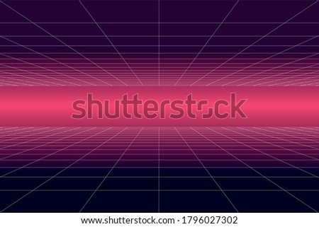 3D Vector perspective grid. Abstract wireframe landscape. Detailed lines on pink, and black background.