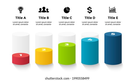 3D Vector Perspective Infographic. Presentation slide template. 5 step options. Percentage chart concept. Transparent glass cylinders. Colorful creative info graphic design.