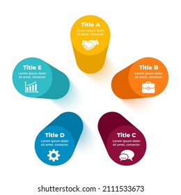 3D Vector Perspective Infographic. Presentation Slide Template. 5 Step Options Pillar Chart. Circle Cylinder Diagram Concept.