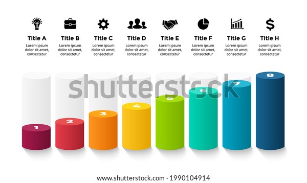 3D\
Vector Perspective Infographic. Presentation slide template. Eight\
step options. Percentage chart concept. Transparent glass\
cylinders. Colorful creative info graphic\
design.