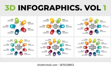 3D Vector Perspective Infographics Pack. Cycle diagrams.Presentation slide template. Circle columns with shadows.