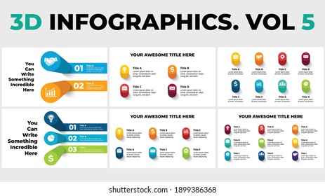 3D Vector Perspective Infographics Pack Vol 5. Presentation slide template. Circle columns with shadows.