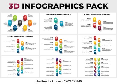 3D Vector Perspective Infographics Pack. Vertical timelines. Presentation slide template. Circle columns with shadows.