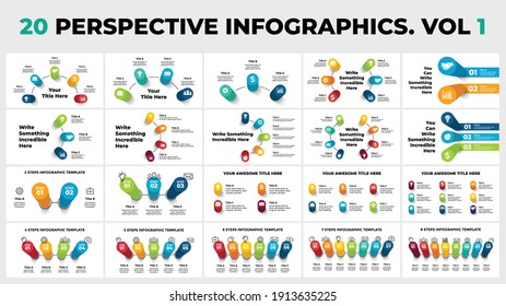 3D Vector Perspective Infographics Pack. 20 presentation slide templates. Circle diagrams and charts.